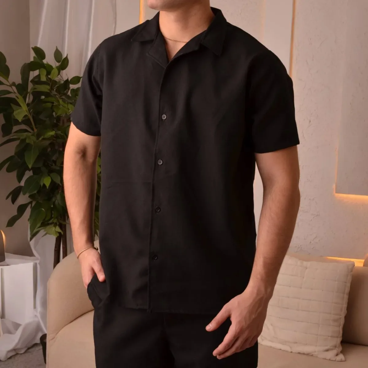 Camisa Manga Corta Lino Egipcian Negro